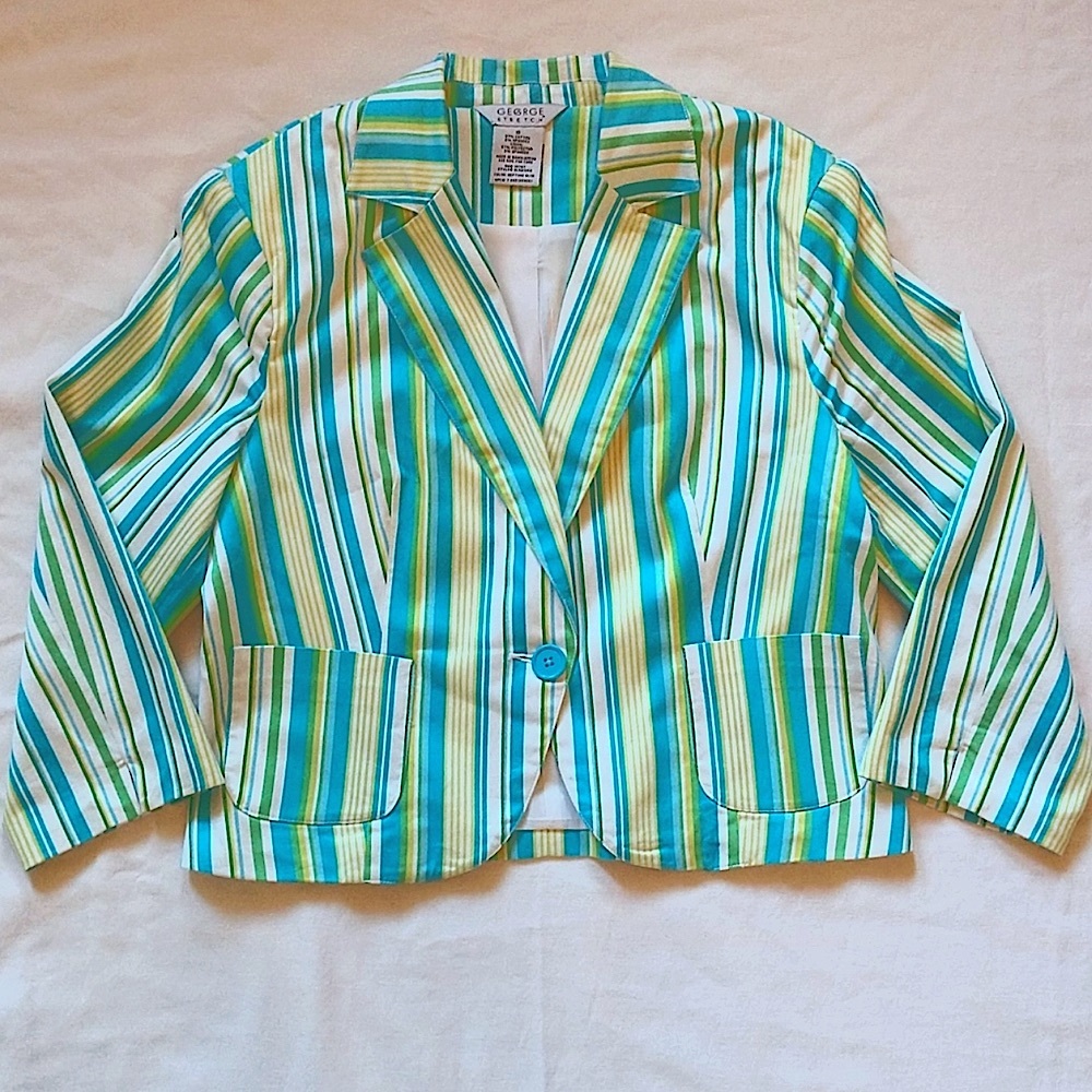 Lined jacket w/pockets in beautiful blue, green & white. Size 10 by George